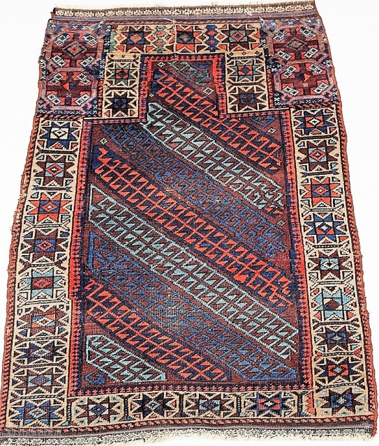 Antique symmetrically knotted Baluch prayer rug with a lovely palette of aubergine and blue (four shades including blue-green), all dyes natural, floppy handle.  Some of the original flat weave is still  ...