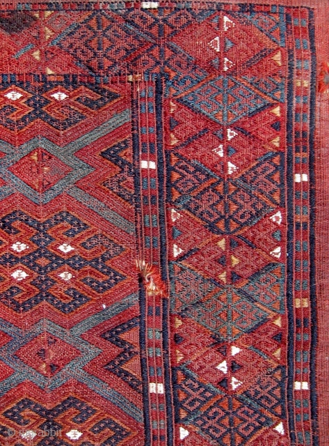 Antique 19th Century Turkmen Yomut (Yomud) group torba, flat woven, extremely fine, all dyes appear natural, some damage as seen.  Please ask for additional photos.       