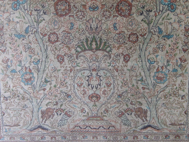 Joyful animals frolicking all over this extremely finely knotted Hereke silk prayer rug with tree of life design, circa mid 20th century, in lovely condition.  30" by 48".  Fresh from  ...