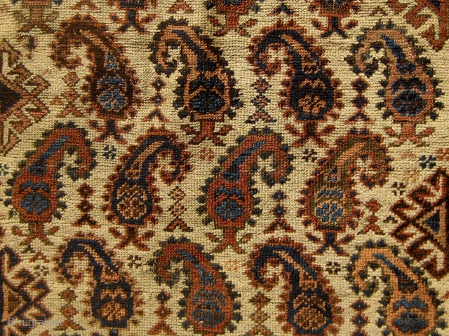 Rare antique Baluch runner with beautifully drawn botehs on a pale camel field.  Lovely shades of pale, medium, and dark blue.  Original flat woven ends and sides.  All colors  ...