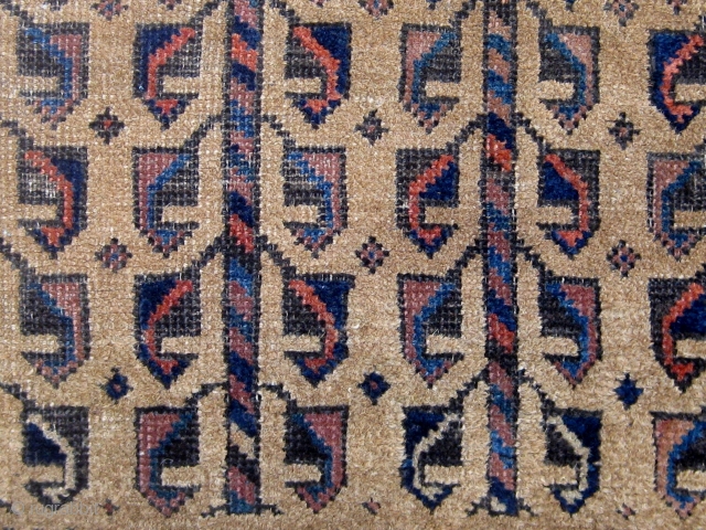 Small antique Baluch camel ground rug with a tree of life variant design, last quarter of the nineteenth century, some wear mainly around the perimeter, edges redone, flat weave ends missing.   ...