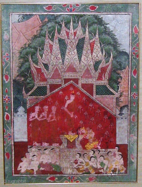 Rare antique Ayutthaya Thai Buddhist painting on cloth (pigments and gilt on cotton) depicting the Jataka tales (stories of the incarnations of Buddha).  This type of work was usually painted by  ...