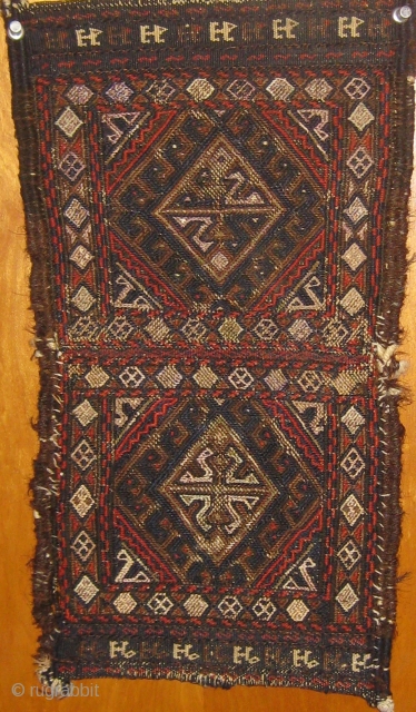 Antique 19th Century flat weave Baluch chanteh.  In good condition with selvedges partially reattached (see photos).  Silk (pale violet) and metal thread details.  Roughly 16" by 9".  Please  ...