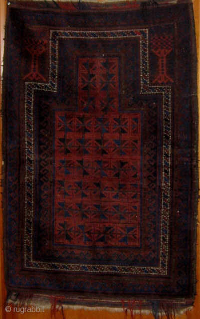 Antique Baluch prayer rug, dark palette, all dyes natural, circa 1900-1920, in beautiful condition with basically full pile and original sides and ends (including rarely seen braiding on the top end and  ...