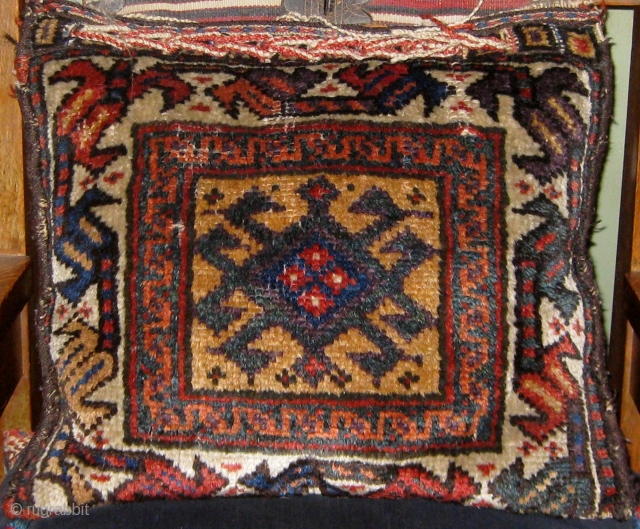 Antique Luri/Bakhtiyari single saddlebag, all natural dyes, full pile, beautifully ornamented flat woven back, circa 1890.  Pillow optional. 16" by 19".  Please ask for additional photos.     