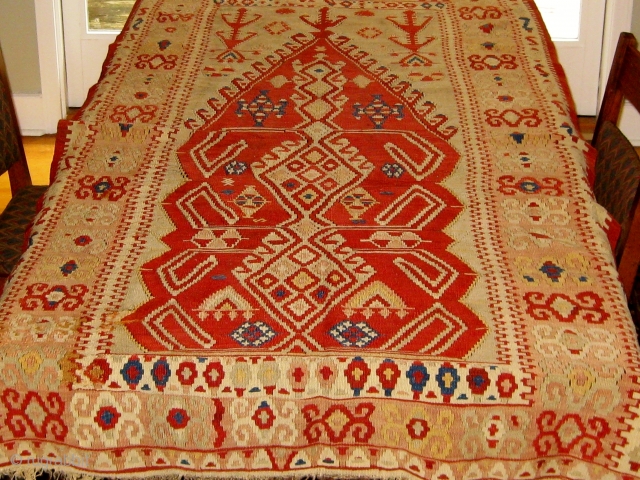 Antique central or western Anatolian prayer or altar kilim, in beautiful condition.  19th Century.  All natural dyes.  Complete ends and sides.  Two well executed repairs lower left.   ...