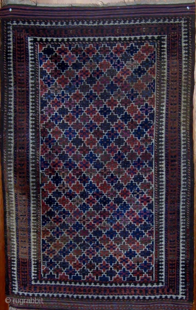 Rare 1890s Turkish-knotted (symmetrically knotted) Beluch (Baluch)rug in beautiful condition.  Original ends and sides.  All natural dyes including wonderful shades of rose and pale blue.  Rare tile design.   ...