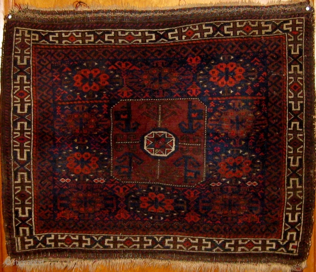 Antique Baluch bagfront, 19th Century, all natural dyes, in overall good condition, complete sides and ends, 34" by 27".  Please ask for additional photos.        