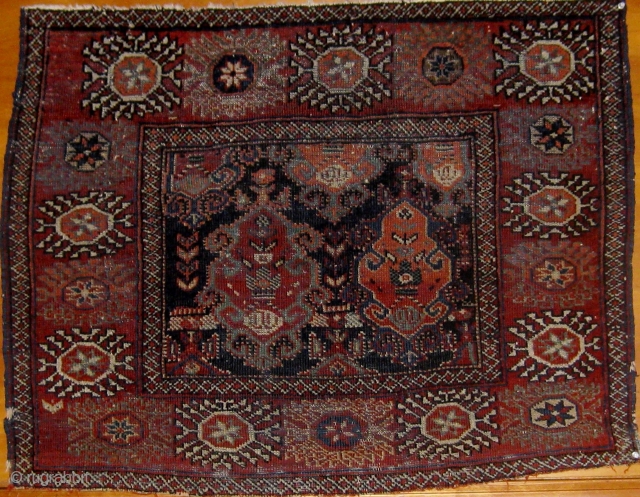 Very unusual "Dahaj" Afshar large bag front or poshti, circa 1900 or before, in nice condition, cotton warps and blue cotton wefts, natural dyes.  Original sides.  29" by 37".   ...