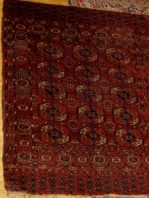 Antique Tekke "dowry rug", circa 1880. Ends and sides original, lower right corner a little compromised otherwise good condition.  Floppy handle, all dyes appear pre-synthetic.  Please ask for additional photos. 