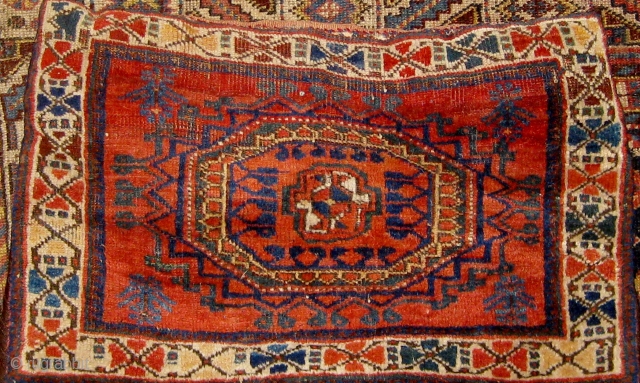 Antique Afshar half khorjin complete with flat woven back, turned into a pillow.  Circa 1900-1910.  In good condition with original ends and edges.  Roughly 19" by 27".  Please  ...