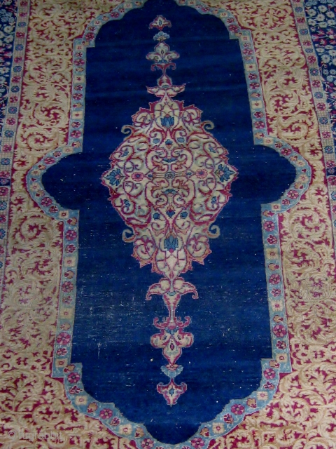 Antique Persian Kerman (circa 1910), open blue field with medallion, finely knotted, 3' 10" by 7' 4".  Some wear, in need of a good bath.   Please ask for additional  ...