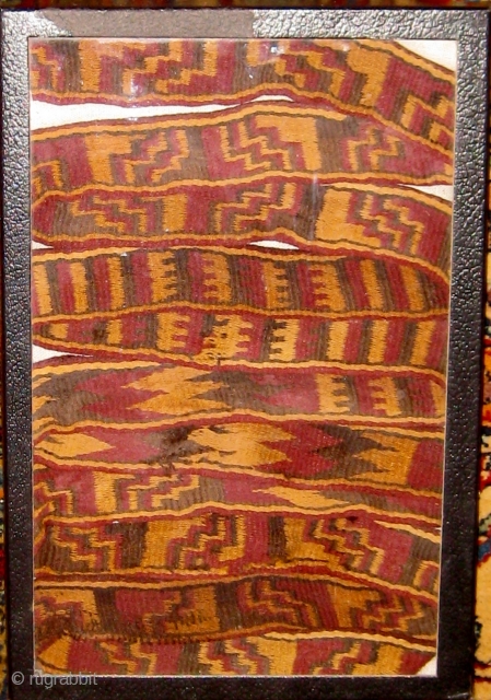 Pre-Columbian Nazca culture camelid fibers band or sash, possibly originally used as mummy wrap.  8' 2" long and over 1 1/2" wide.  One end has been cut, the other is  ...