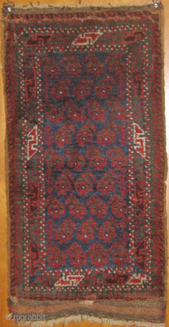 Antique Baluch balisht, mostly full pile, all natural dyes including wonderful medium blue and green, 18" by 35", do ask for additional photos.          