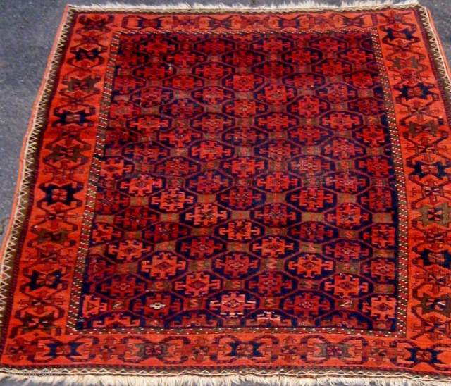 Antique Baluch carpet, 19th century, all dyes natural, edges redone, brown oxidation as expected, very floppy handle, silky wool.  43" by 63".  Please ask for additional photos.    