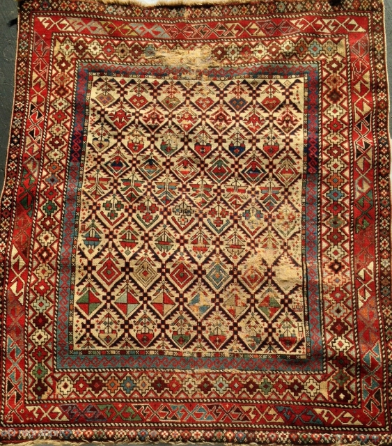 Antique Shirvan Marasali pile carpet, 19th century, unusual square format (53" BY 46"), all natural dyes, some areas of wear which could be easily re-piled.  Please ask for additional photos.  