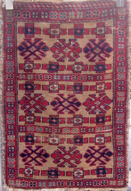 Antique Western Anatolian Kurdish yastik, golden ground, with three  shades of blue, highly saturated red, etc.  All dyes appear natural.  Circa 1890-1910.  Original sides.  All wool construction.  ...