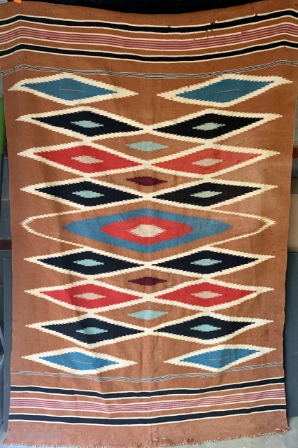 Antique Chimayo blanket, early 20th century.  roughly 4' by 5' 8".  Not perfect but stunning.                