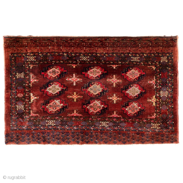 Large antique Turkmen chuval from the late 19th century.  Saryk guls, chemche secondary guls, floral bottom elem, large amounts of silk specially in the center of the main guls and in  ...