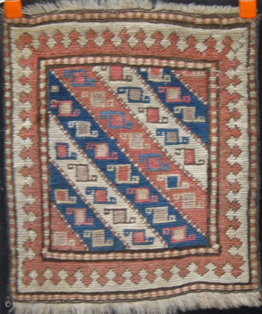 Lovely Gendge Caucasian bag front.  First quarter of the 20th Century and well preserved.  A couple of dyes show some fading (see last photo).  17" by 19".   