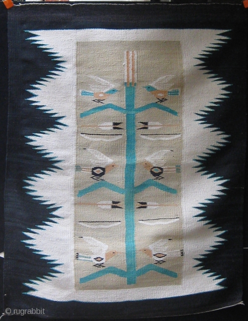 Vintage pictorial Navajo rug, with an unusual format (34" by 45").  Traditional yet rare tree of life design with birds, 2nd half of the 20th Century, in good condition. Lazy lines,  ...