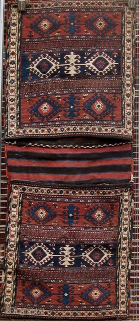 Complete Qarabagh soumac (soumak, sumak) khorjin or saddlebags, second half of the 19th century.  Lovely condition. However it appears as if the bags were once separated, and then reattached without apparent  ...