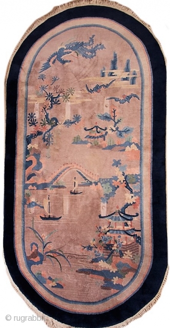 Antique Chinese Art Deco pictorial rug with rounded ends.  Circa 1930-1940.  In very good condition.  49" by 98".            