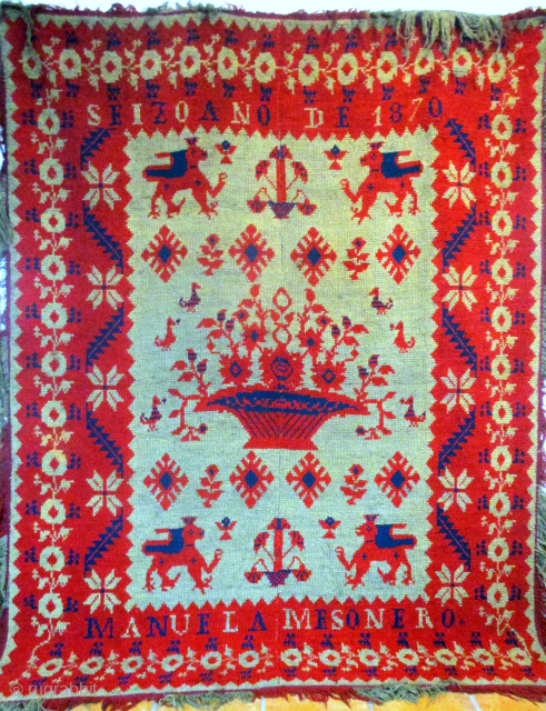 .
  A VERY RARE RUG FROM THE ALPUJARRAS MOUNTAIN RANGE IN SOUTHERN SPAIN, DATED 1870. This piece was initially thought to be from the villages of the Arraiolos region of southern  ...