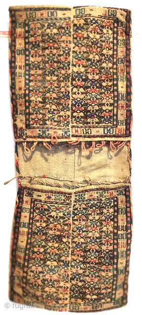 RARE ANTIQUE DOUBLE BAG FROM THE SHAH SAVAN IN NORTH WESTERN PERSIA. This tribal group presents great difficulty in determining the origin of their weaving. This is because they were re-settled into ...