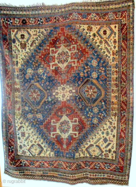ANTIQUE KASHKAI RUG from the Province of Fars in south west Persia. This piece is original and intact and has the extra end chequered borders associated with the top examples. The pile ...