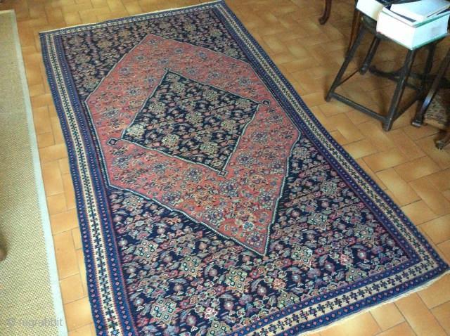 Kurd Seneh kilim end XIXth, narrow borders, one old repair center left, very thin weaving, clean, very good colours.              