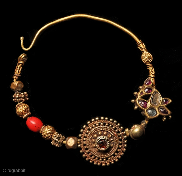 Gold with mundane garnet, white sapphire, various stones and glass bead 19th c.                    