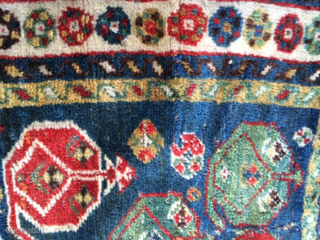 Antique South Persian rug 38"x46"...This rug has the most incredible colors and wool. It has fine silky goat hair warp and wool wefts. The colors of the weft alternate throughout the rug:  ...
