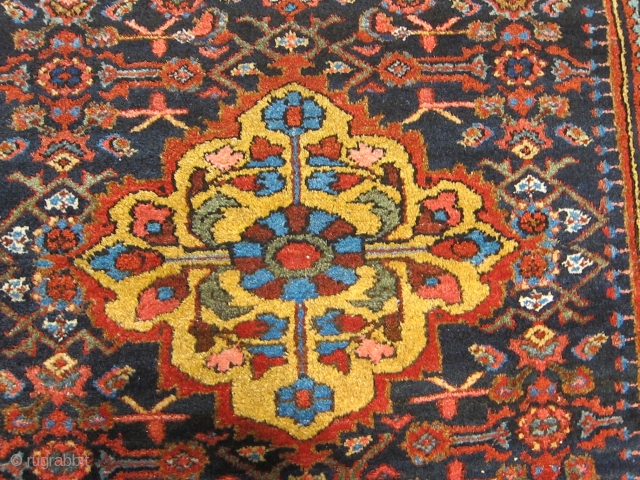 Antique Hamadan (Enjilas) rug with brilliant saturated colors, fine wool, thick MINT pile and floppy handle...beautiful yellows, light blues, and greens.
measures 60x44 inches          