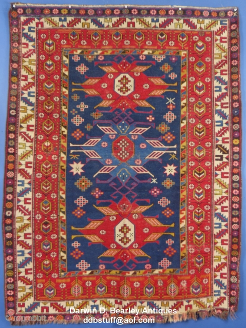 Caucasian Rug, Azerbaijani Lenkoran, c. 1900+/-,
68" X 54". Good condition but has light wear and bottom Guard Border is frayed out.
SOLD            