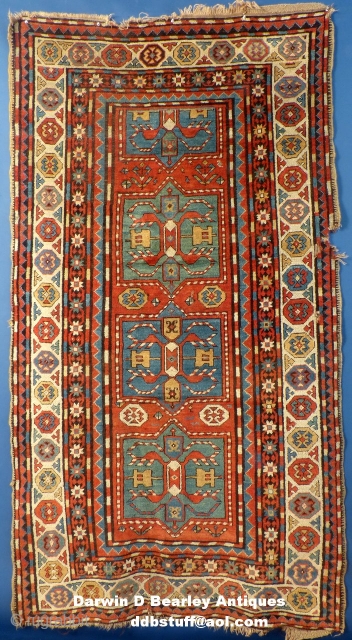 Antique Caucasian Rug, possibly a Chyly(?)
Has great overall pile but also has a few problems.  The ends need work and there is a large ding along the one edge.
There are also  ...