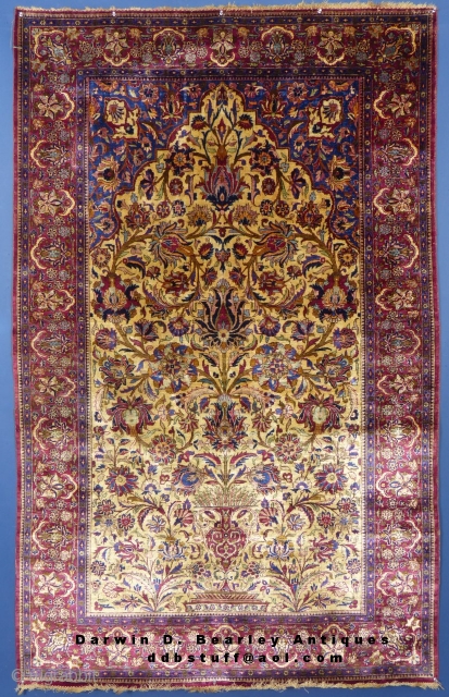 Antique Silk Kashan Prayer Rug, c.1900+/-, 80" X 50", excellent condition, small,
 1" tear on upper left edge, SOLD...              