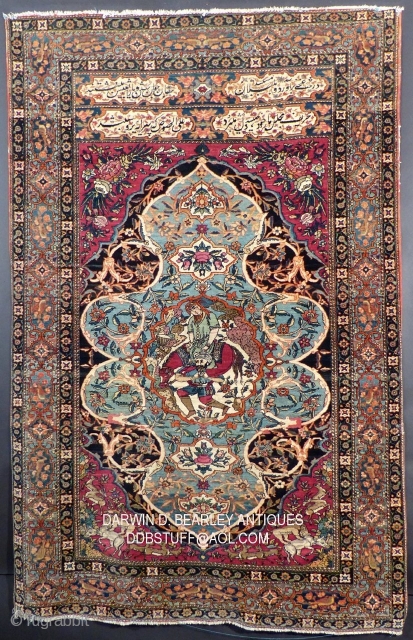 Kashan, wool, c.1900-1920 (?), Excellent condition, minor corner wear, 82" X 52.

Khosrow and Shirin is the title of a famous tragic romance by the Persian poet Nizami Ganjavi, who also wrote Layla  ...