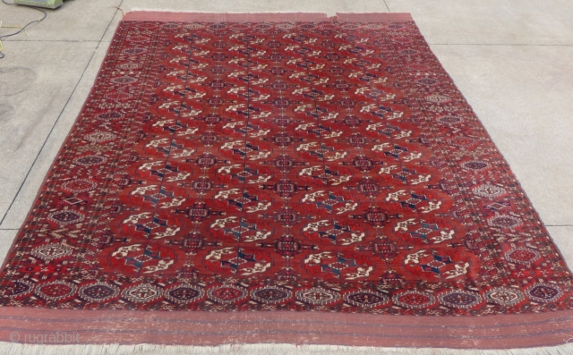 Antique Turkoman Main Carpet, c.1900-1920(?), 8' X 10"+/-, very good condition with 2 small repairs, flat weave ends have a couple tears.
SOLD           