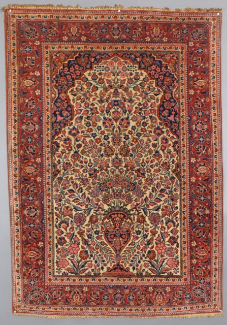 This is a beautiful Antique Kashan Prayer Rug.
It dates to the first quarter of the 20th Century.
It is all Wool and in Excellent,almost mint condition
It measures 41" x 59".c.1920-30.
SOLD    