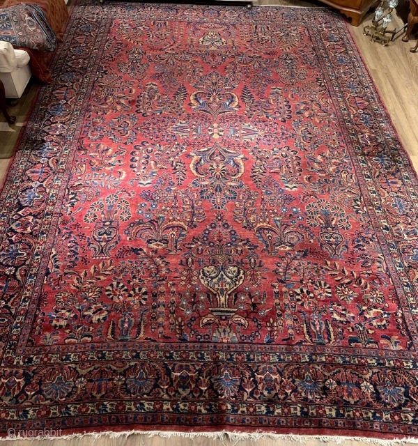 This is a large room size antique Sarouk.
It dates from around the 1920's-30's.
It measures 14'7" X 9' 5".
It is in very good condition with very light wear.
SOLD
      