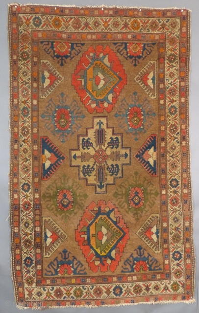 Antique Hamadan, c.1900-1920+/-.
45" X 75".
Good over all condition,
Needs sides overcast,
Ends are a little frayed.
No holes, No tears & No odors.
Has a few moth nibbles.
Can use a bath.

SOLD      