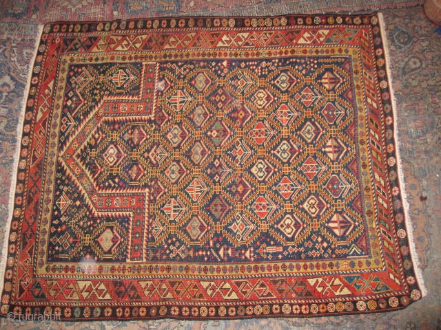 Circa 1880 Caucasian Shirvan Prayer Rug with nice dimensions 1.20 x 1.65 and great colors. Some edges (about 2% of the rug) have some old repairs. 
      