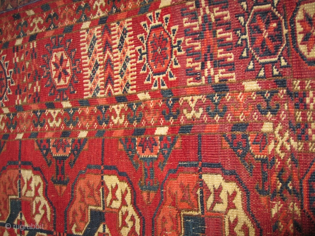 Very rare square size (1.37 x 1.40) 19th Century Turkmen Tekke Rug with very fine weave, marvelous colors and original condition with no repairs. Missing corner (2cm x 5cm) and small dark  ...