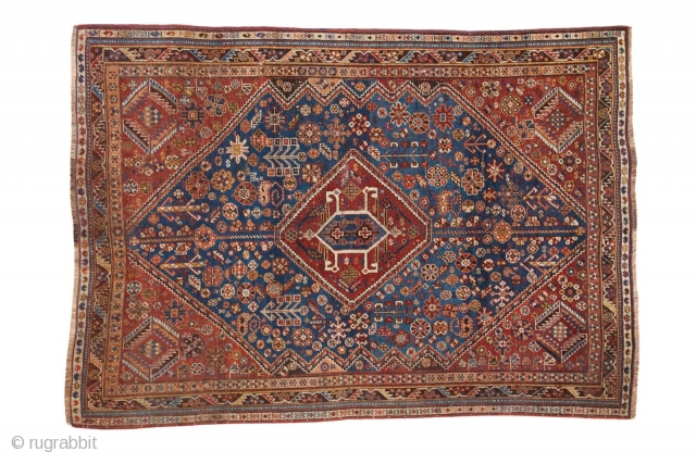 Qashqai Rug, several areas of old mending, great colors, not perfect but priced well. 4'8" x 6'7". Contact for more info.            