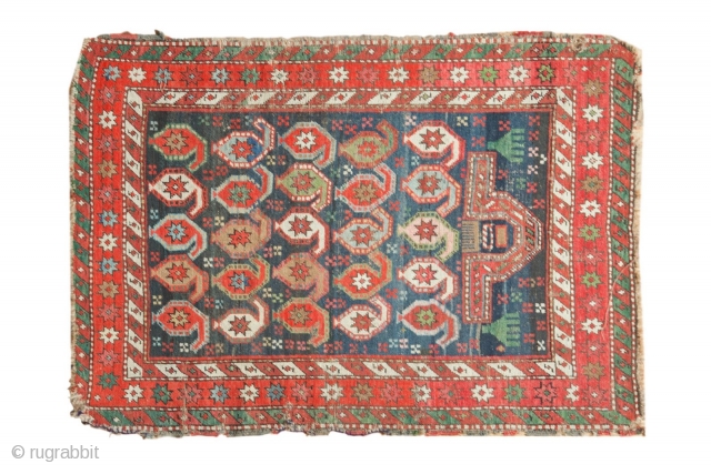 Caucasian rug, 1800s. Prayer design with hands. Great colors, lots of  green. Used and enjoyed, see photos. 3'2" x 4'6". Contact for more info.        