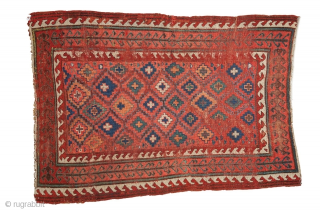 Caucasian rug, early 20th century. Worn, old binding, etching. Good design and borders. Measures 4'5" x 6'1". Contact for more info.            