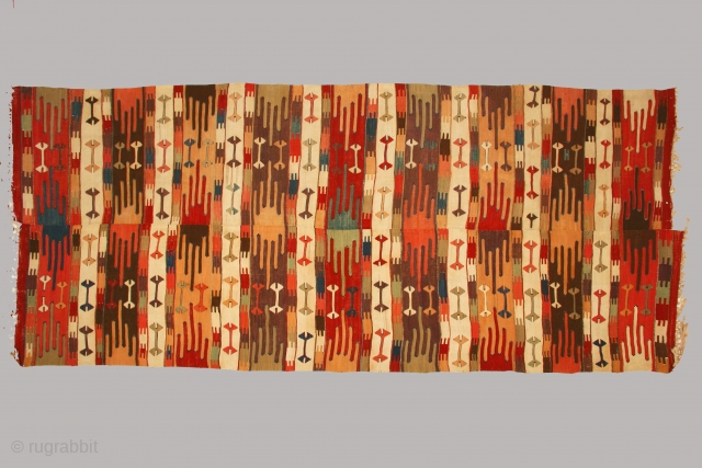 Anatolian kilim with 9 saf like bands woven in two pieces, 150 x 366 cm, circa 1800. The kilim is in exceptional condition with no repairs or reweaving. I have not seen  ...