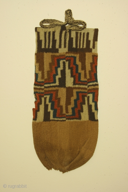 Pre-Columbian bag, Siguas 1 culture, Peru, circa 550 BC - 100 AD, Department of Arequipa,camelid fiber, interlocking discontinuous warp and weft, probably used as a quiver ( flechero) for arrows. Dimensions: 9  ...