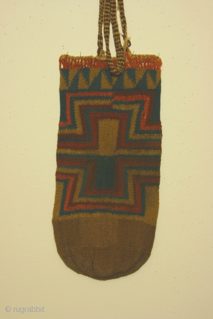Pre-Columbian bag, Siguas 1 culture, Peru, circa 550BC-100AD,Department of Arequipa, camelid fiber, discontinuous interlocking warp and weft, probably used as a quiver ( flechero). Dimensions: 7 1/2 x 15 inches. Condition: no  ...